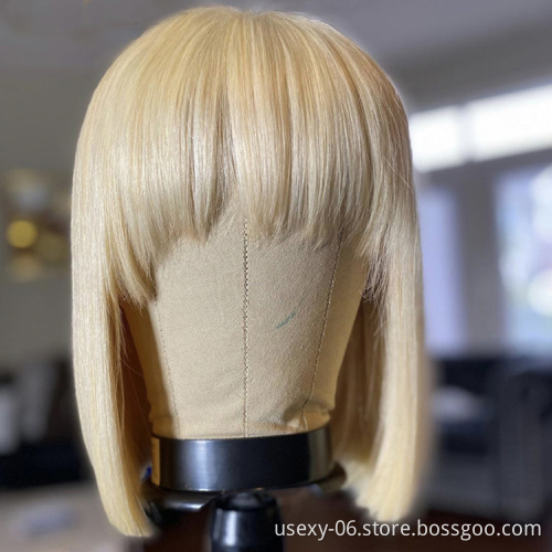 Customized 613 ready to wear remy hair machine made wigs short human hair fringe wigs virgin brazilian hair blonde bob wig